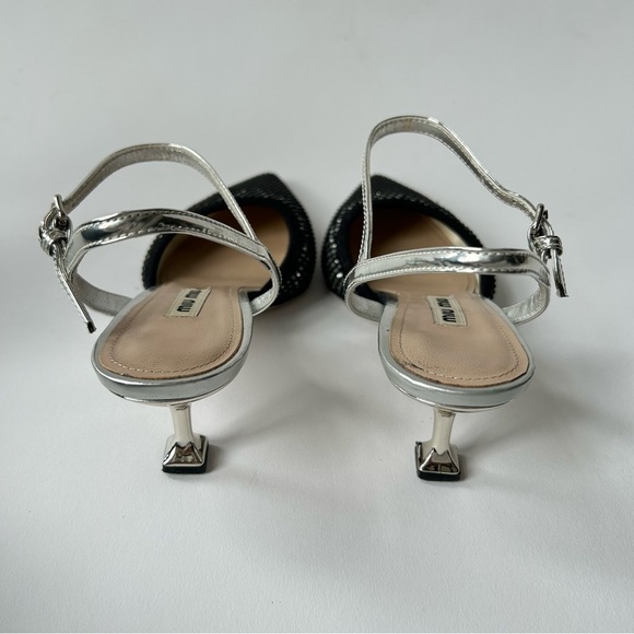 Rare Miu Miu Silver Mesh Black Glitter Kitten Heel sz 7.5 - Picture 10 of 11